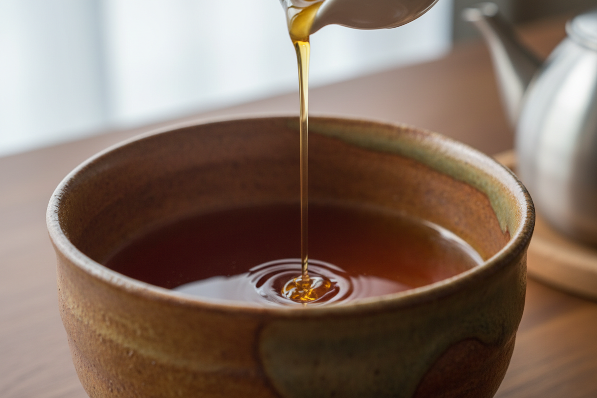 adding a small amount of agave syrup into brewed hojicha in a matcha bowl