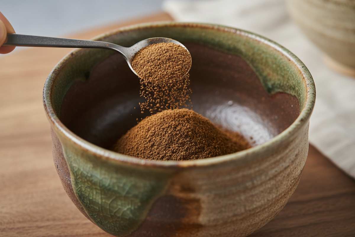 hojicha powder half a teaspoon into a matcha bowl