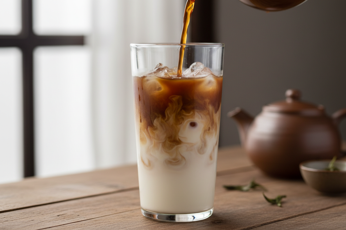 Pouring hojicha over milk in a tall glass with ice in it. The brown of the hojicha will softly slowly blend with the milk in a swirling pattern