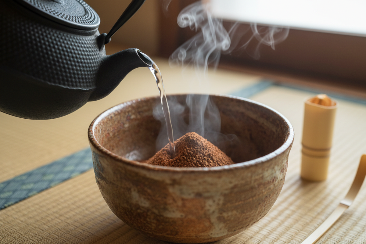 pouring hot water onto matcha bowl with hojicha powder