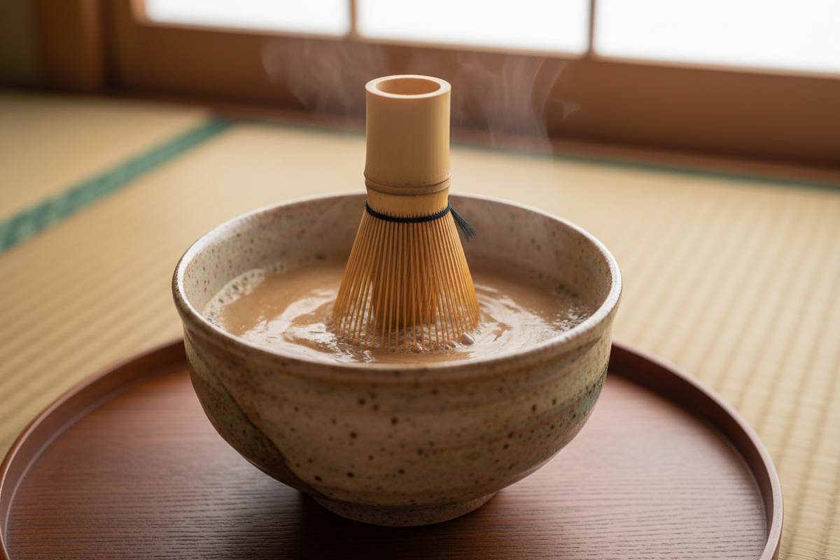using matcha whisk to whisk hojicha in matcha bowl with water